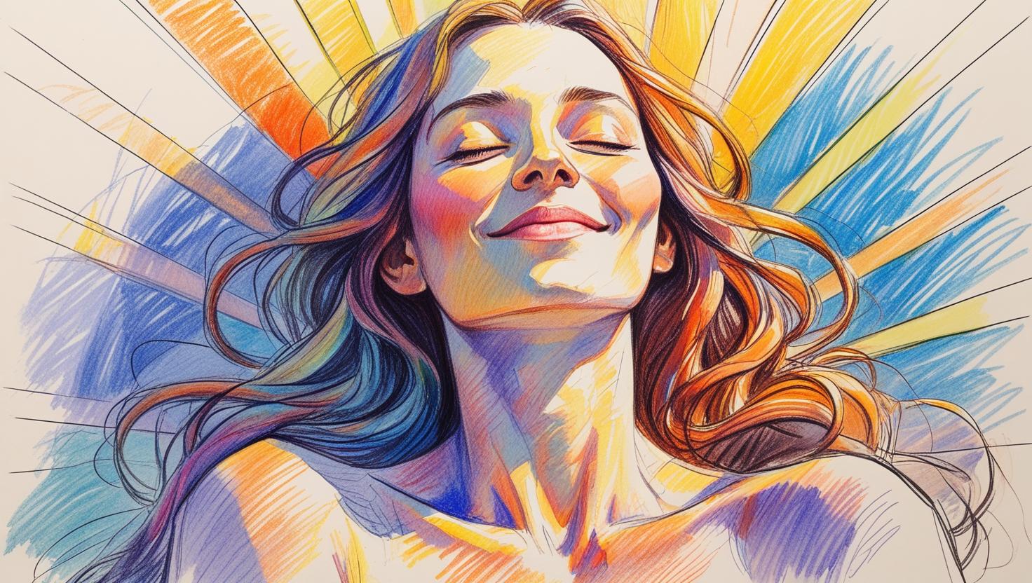 A smiling woman feeling the warmth of self-love and healing energy, illustrated in radiant colors.