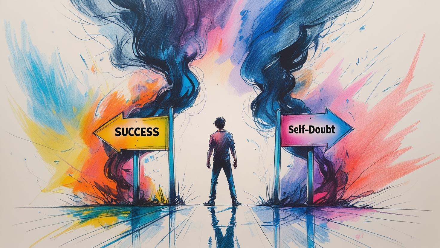 A person standing between two signs pointing to "Success" and "Self-Doubt", symbolizing the inner struggle of self-sabotage.