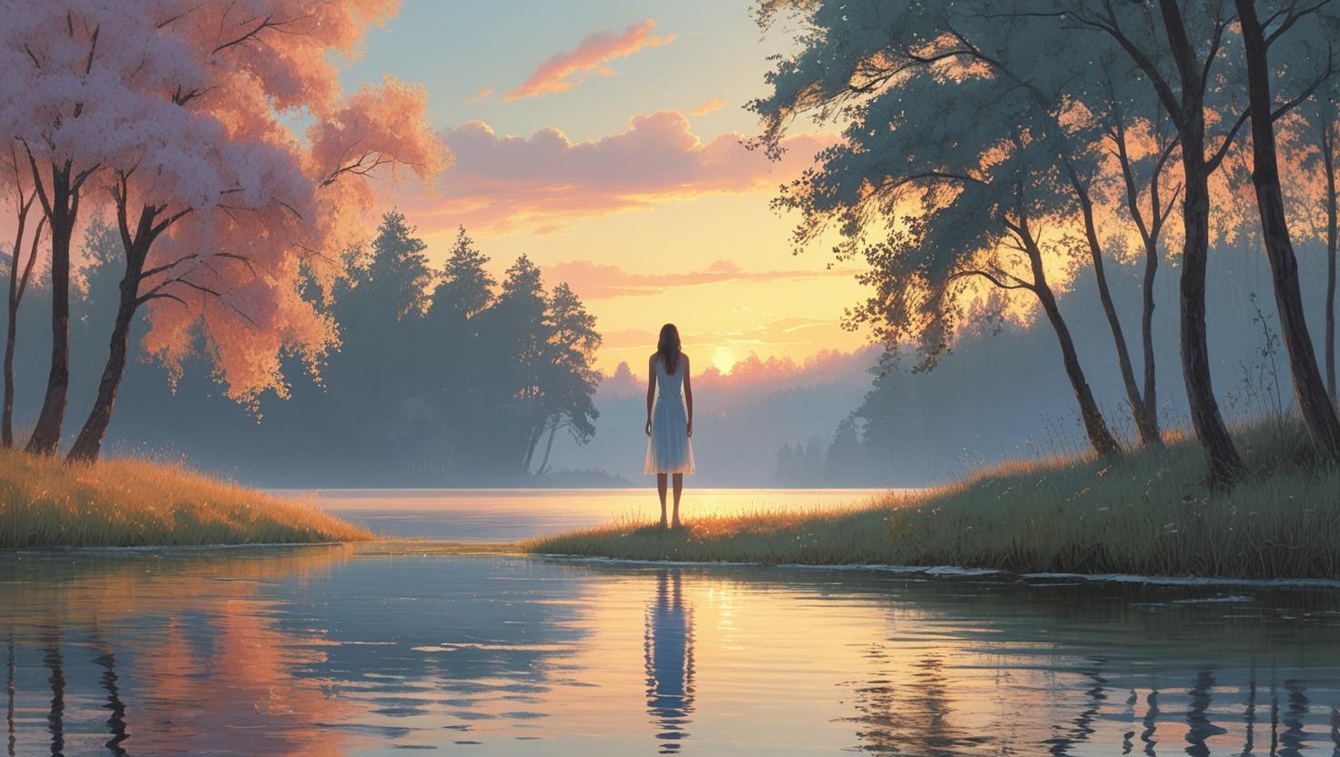 Woman standing alone by a calm lake during sunrise, symbolizing emotional healing and forgiveness without closure