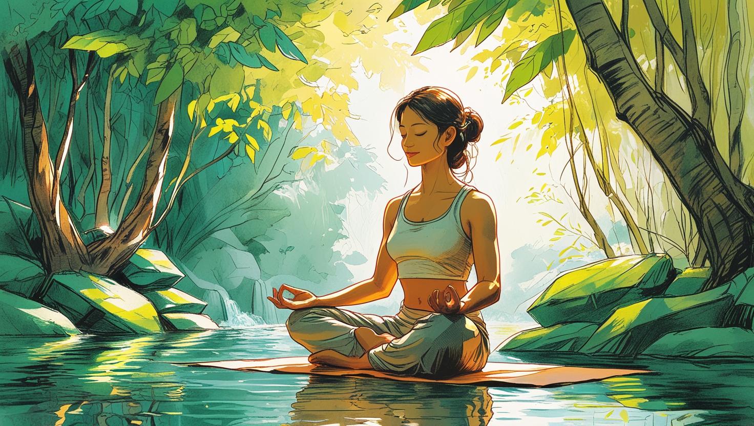 woman meditating in nature near a forest stream, practicing mindfulness and inner peace