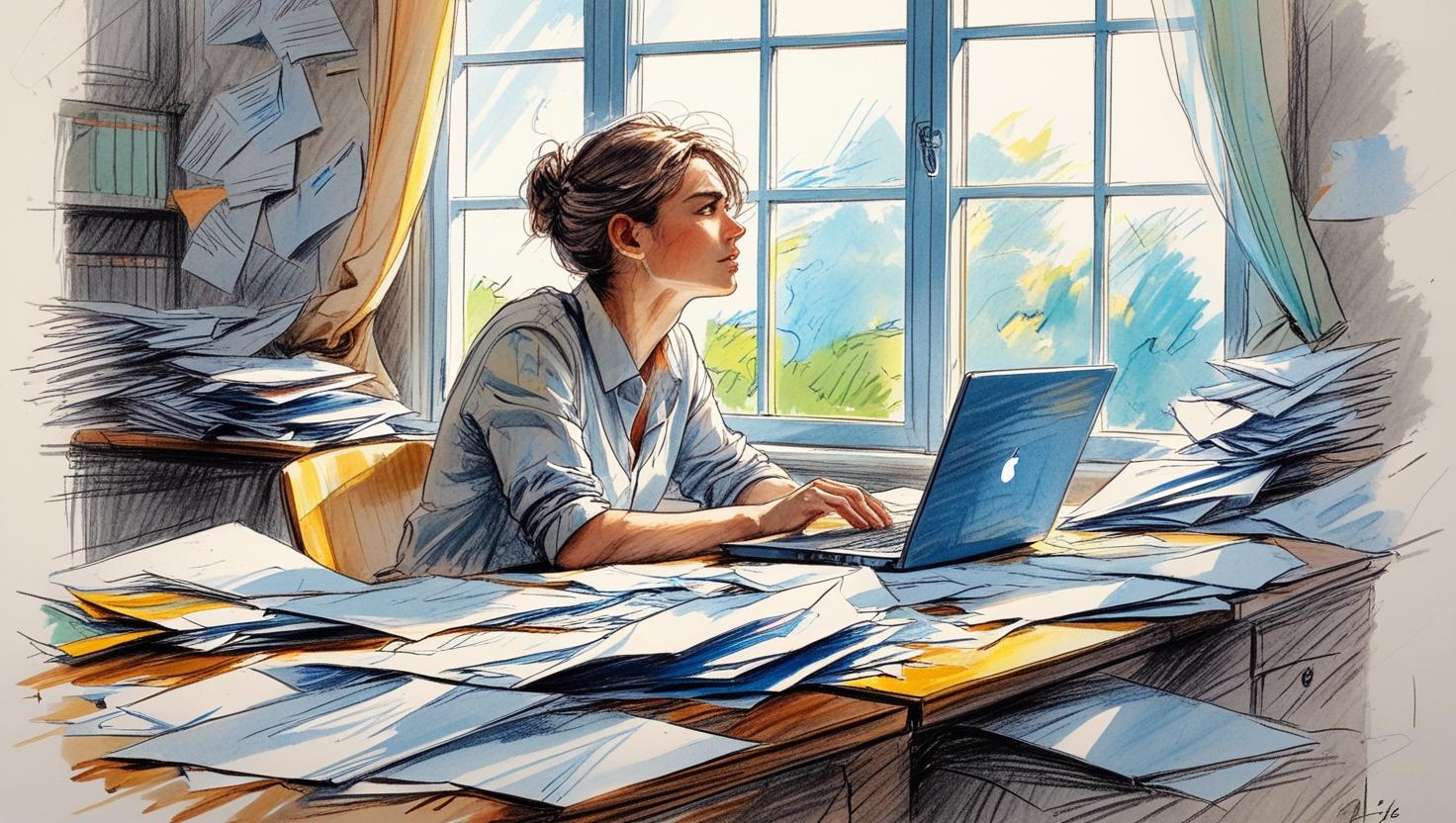 Woman working at a cluttered desk, focused on her laptop, symbolizing perfectionism and the pressure to perform.