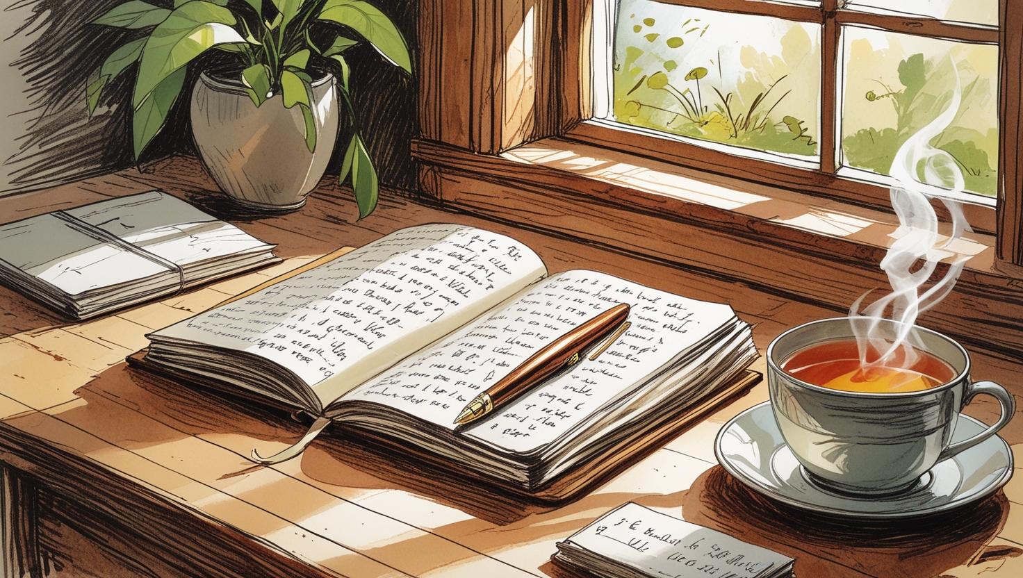 An open journal with a pen, a cup of hot tea, and a plant on a wooden desk by a sunny window.