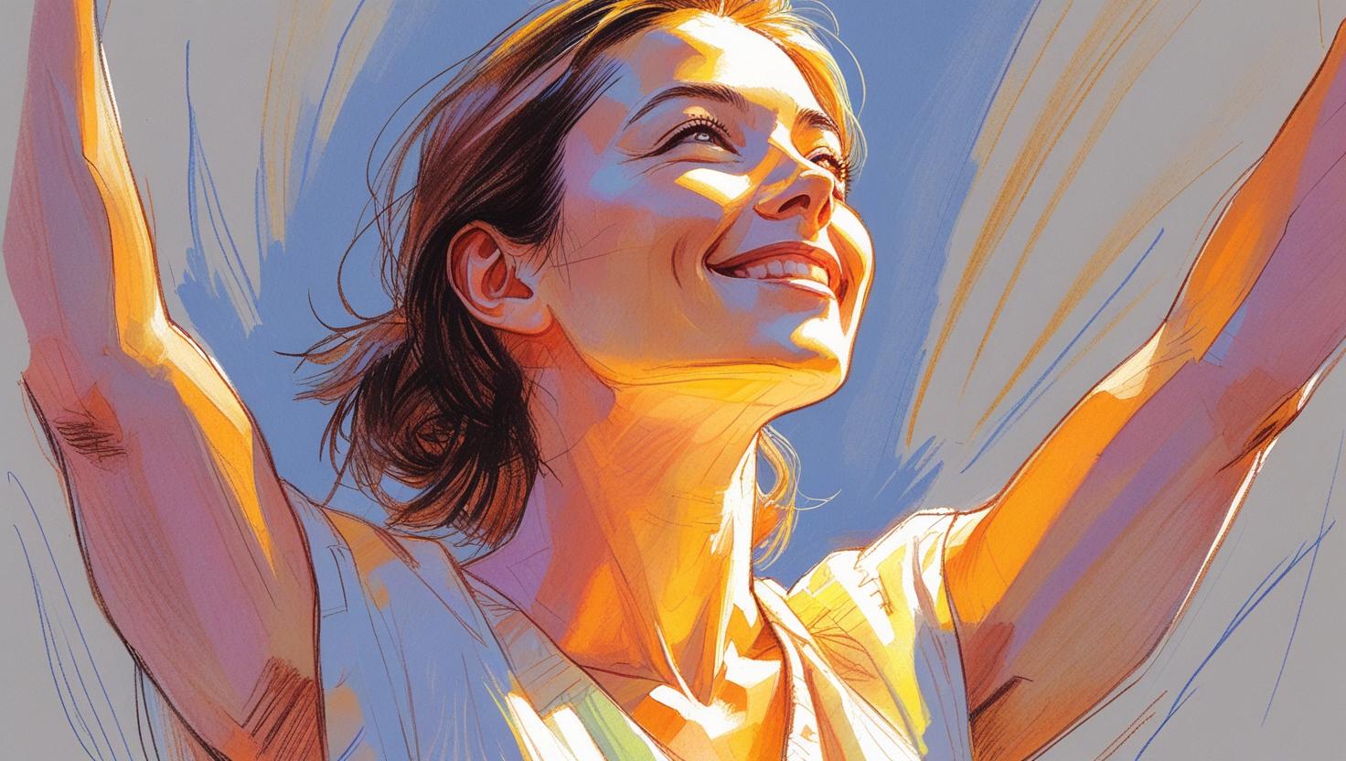 Confident young woman smiling with arms raised in sunlight, representing positive self-esteem and self-love.