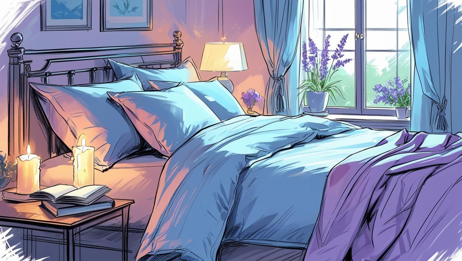 The ultimate evening routine for peaceful sleep and inner calm: science-backed habits to end Your day right 1 Cozy bedroom setup for restful sleep with candles, books, lavender plants, and soft bedding.