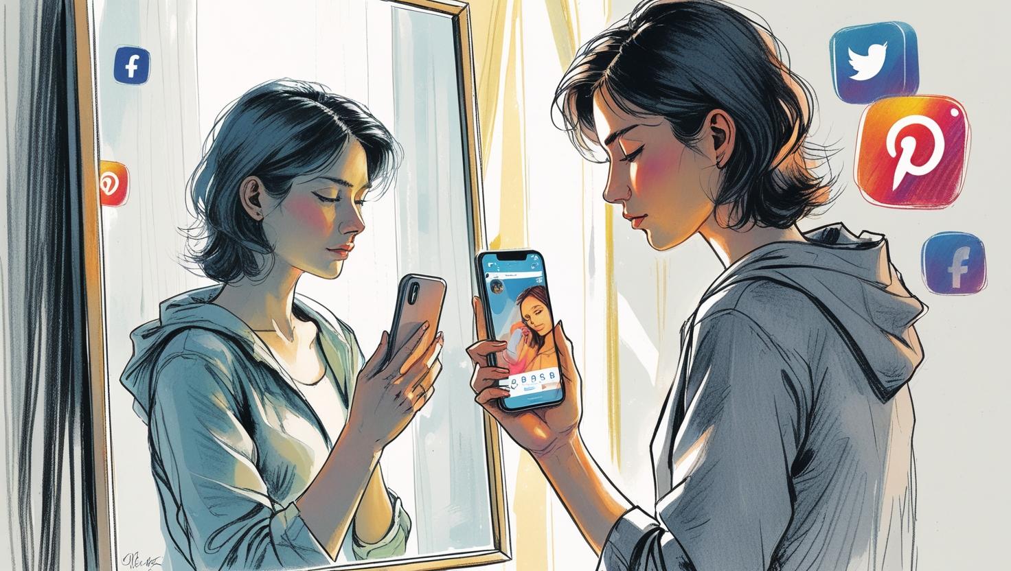 Young woman looking at her phone in front of a mirror, stop hating yourself