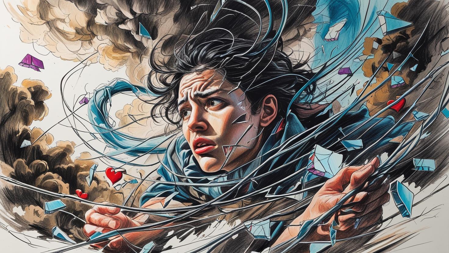 Illustration of a distressed person caught in a whirlwind of chaos, with shattered glass and flying hearts symbolizing being addicted to chaos and drama.