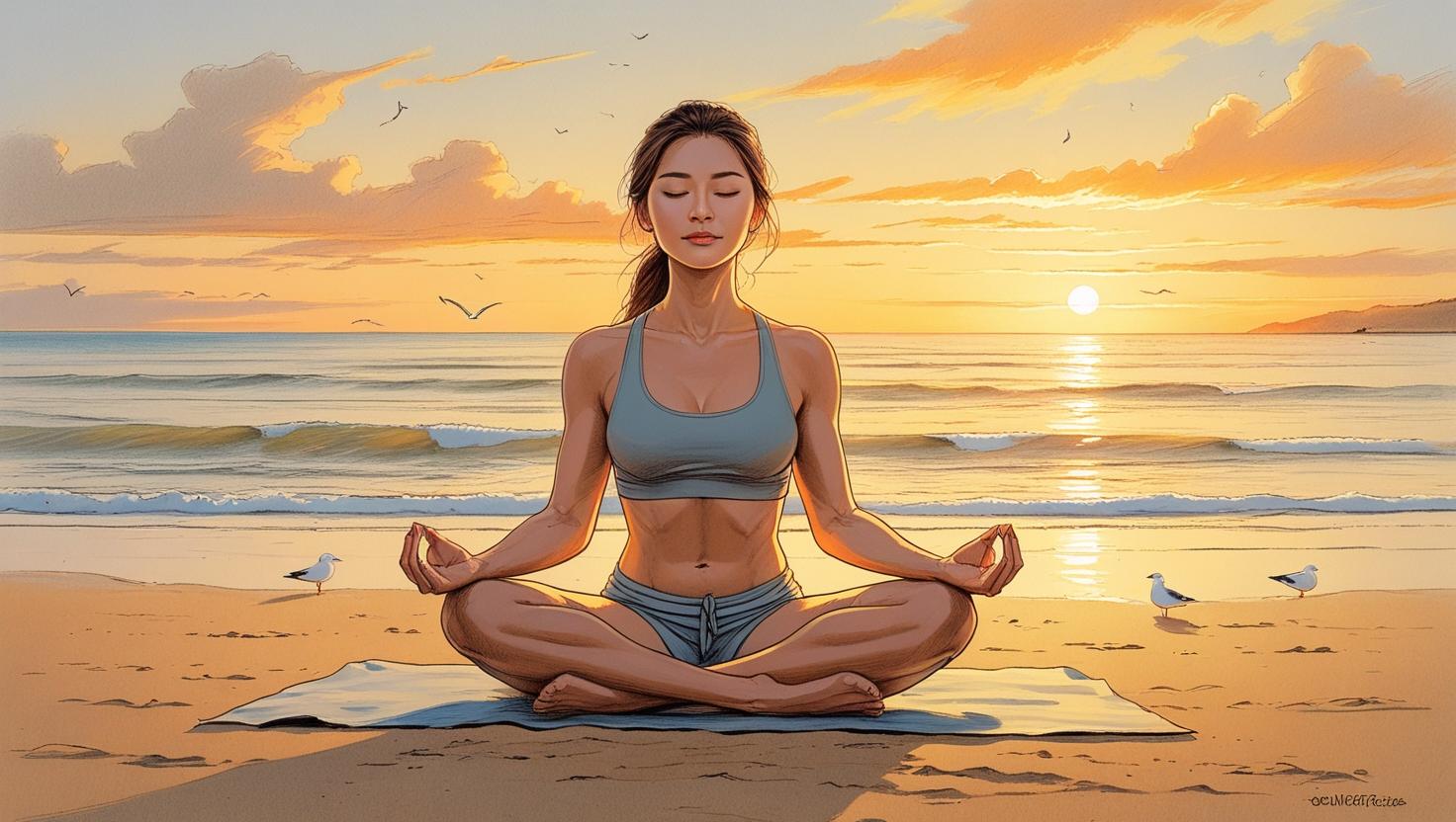 Woman practicing breathing techniques while meditating on a beach at sunset