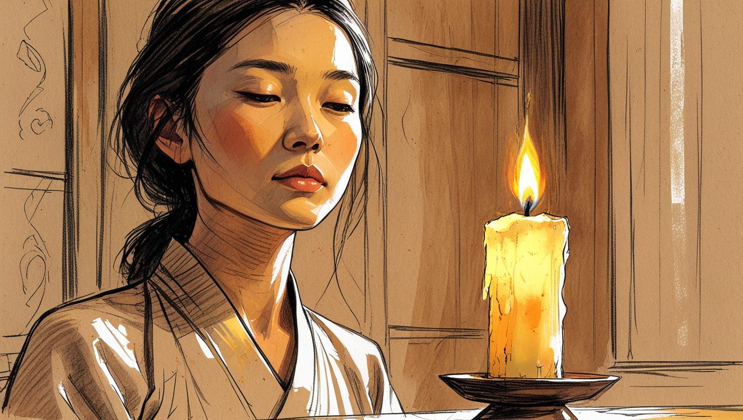 Start a candle meditation NOW: A gentle guide 1 Woman practicing candle meditation with calm focus in a softly lit room.