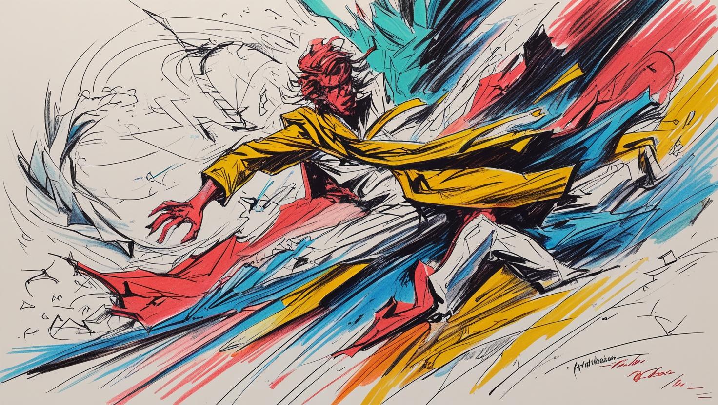 Dynamic abstract illustration of a figure in motion, wearing a yellow coat, surrounded by colorful streaks of red, blue, and yellow, conveying energy, chaos, and movement.