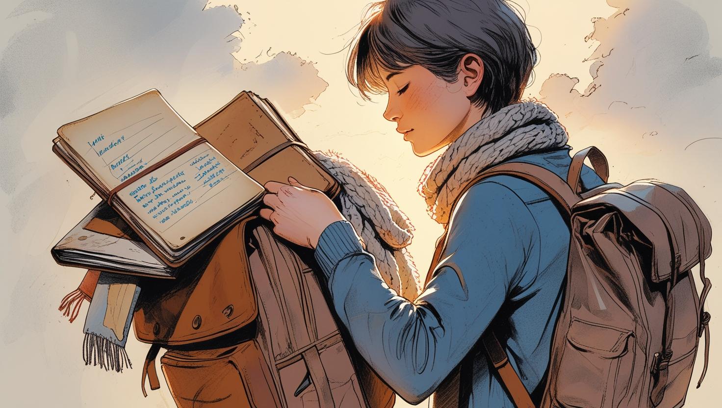 Young woman carrying heavy emotional labor, balancing journals and responsibilities.