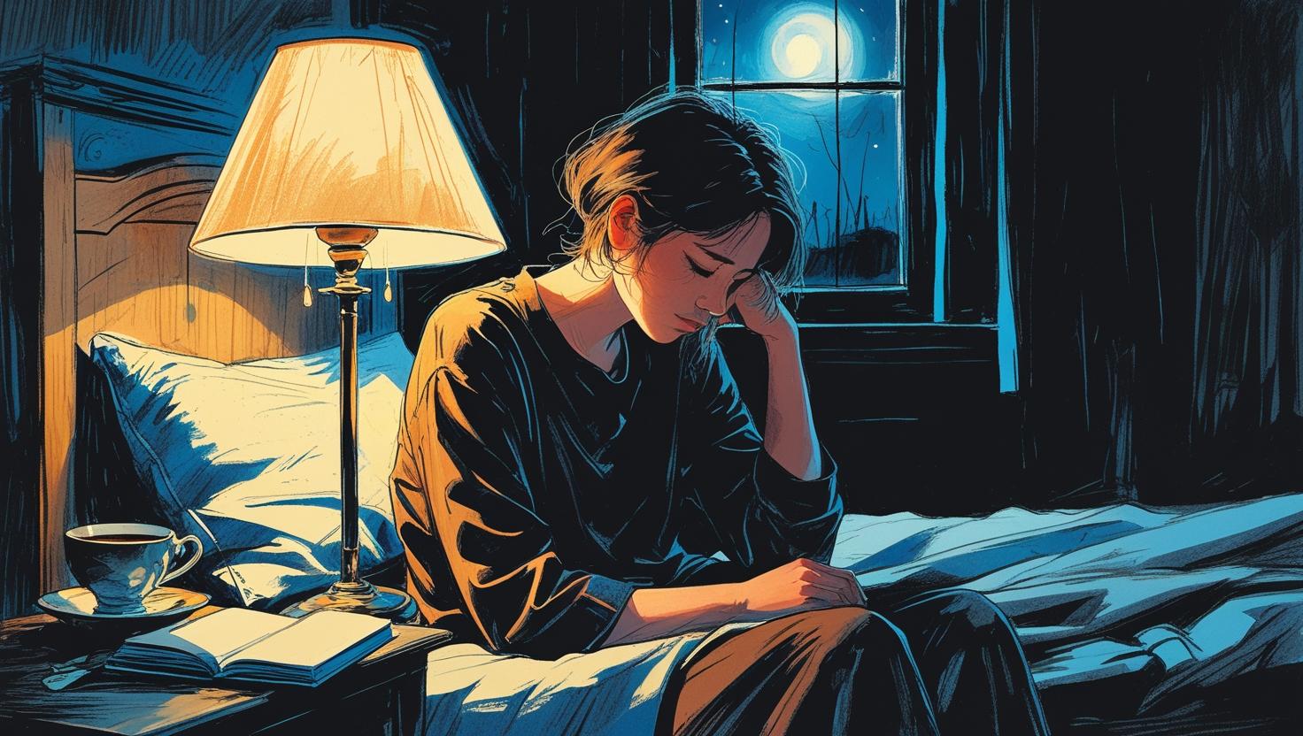 Woman sitting in bed during heartbreak nights, reflecting under moonlight