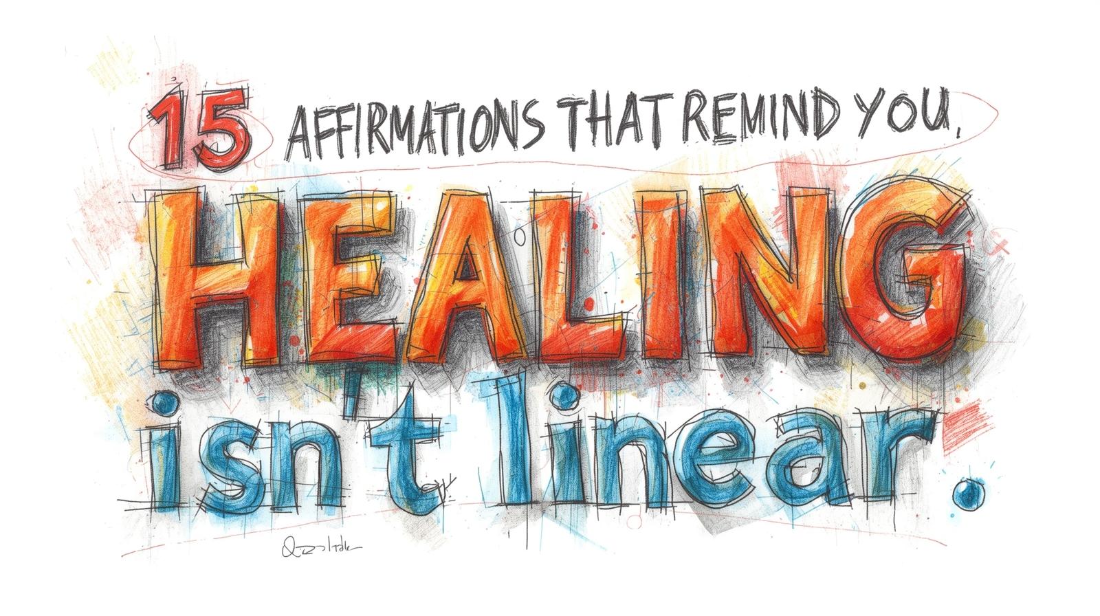 Hand-drawn artwork with text “15 affirmations that remind you healing isn’t linear.”