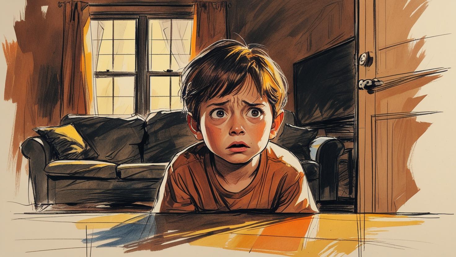 From stress and chaos to calm: 10 exercises to heal the lasting impact of a stressful childhood 1 Anxious child sitting in a living room, reflecting the hidden impact of growing up in a stressful household