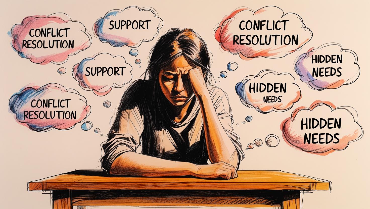 Woman overwhelmed by emotional labor, thinking about conflict resolution, support, and hidden needs.
