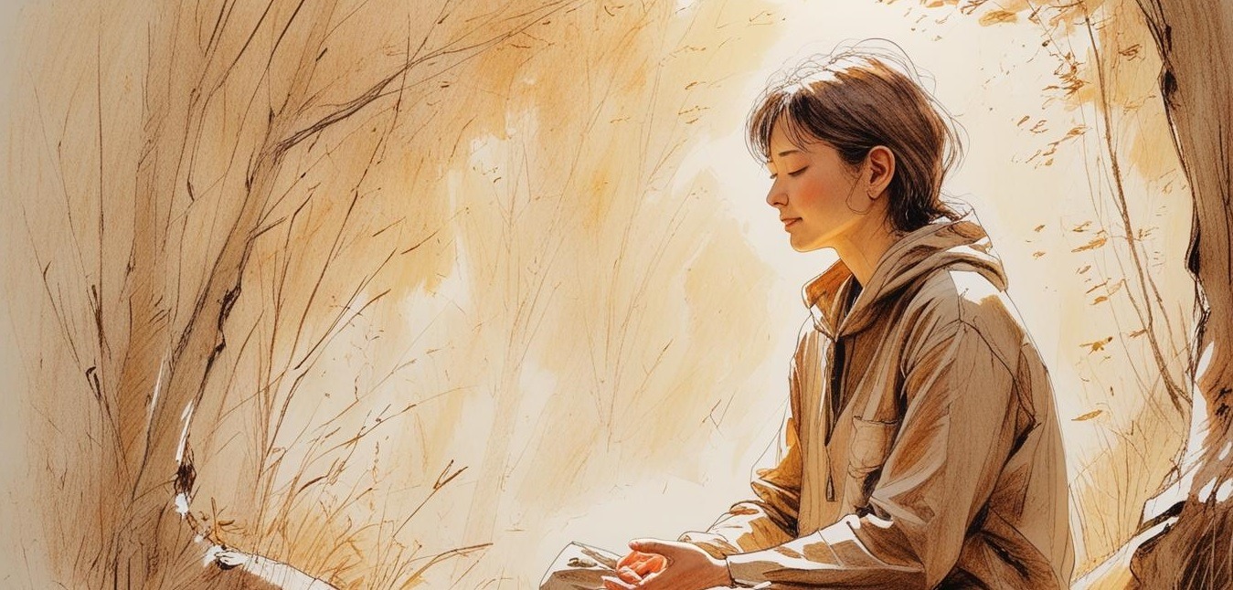 Peaceful woman sitting loneliness in solitude, reflecting and embracing self-discovery in nature.