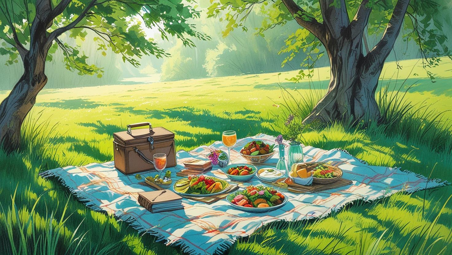 a peaceful picnic ritual in a sunny park surrounded by nature and greenery