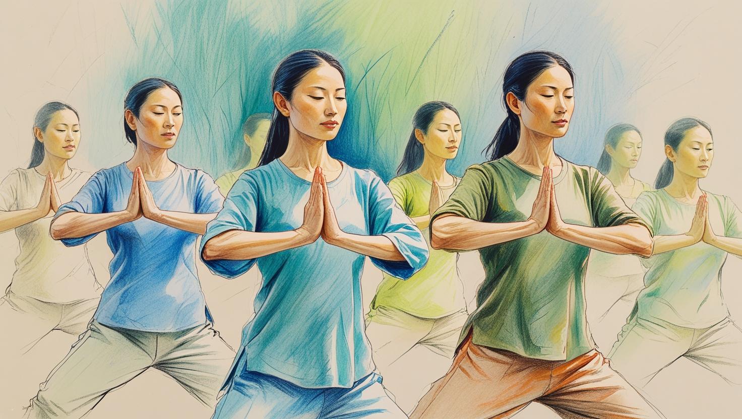 People practicing Qigong outdoors, performing gentle movements and mindful breathing for relaxation and inner calm