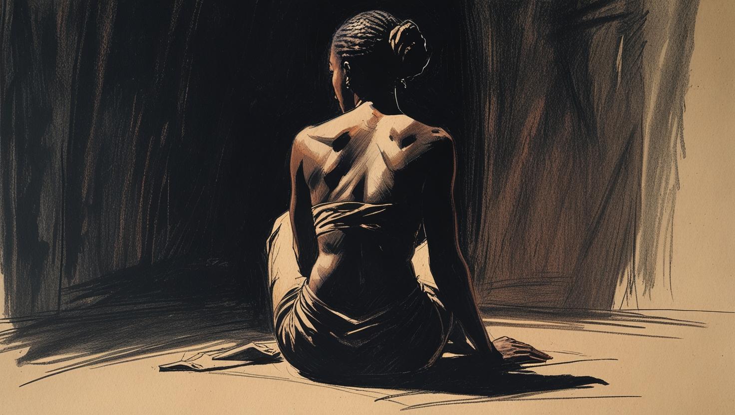 Woman sitting with her back turned in soft shadows, symbolizing self-reflection and shadow work.