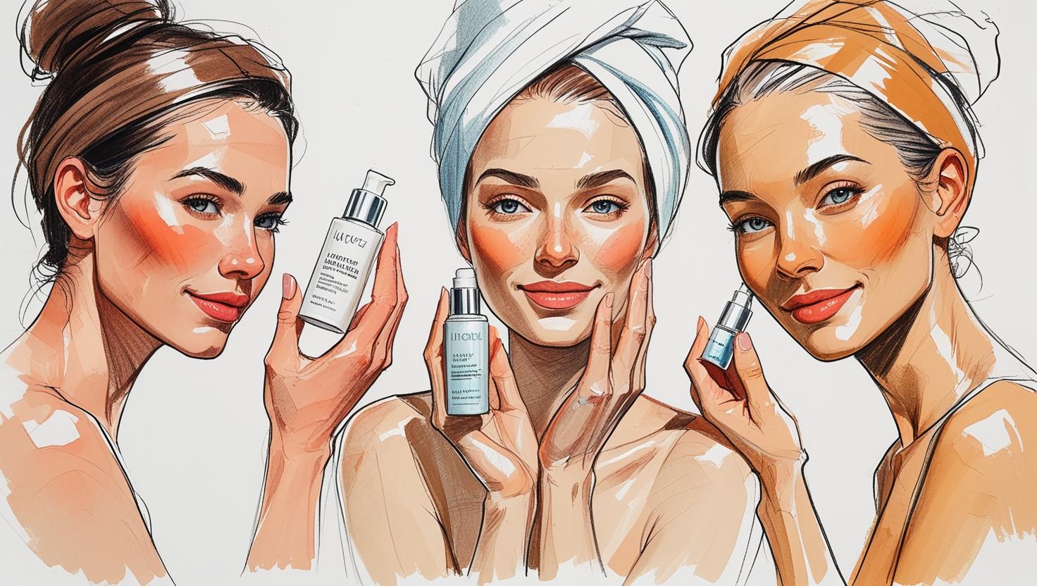 Gentle skincare routines as a form of self-love: Nurturing Your skin and Your soul 1 Illustration of three women enjoying a gentle skincare routine with serums and moisturizers.