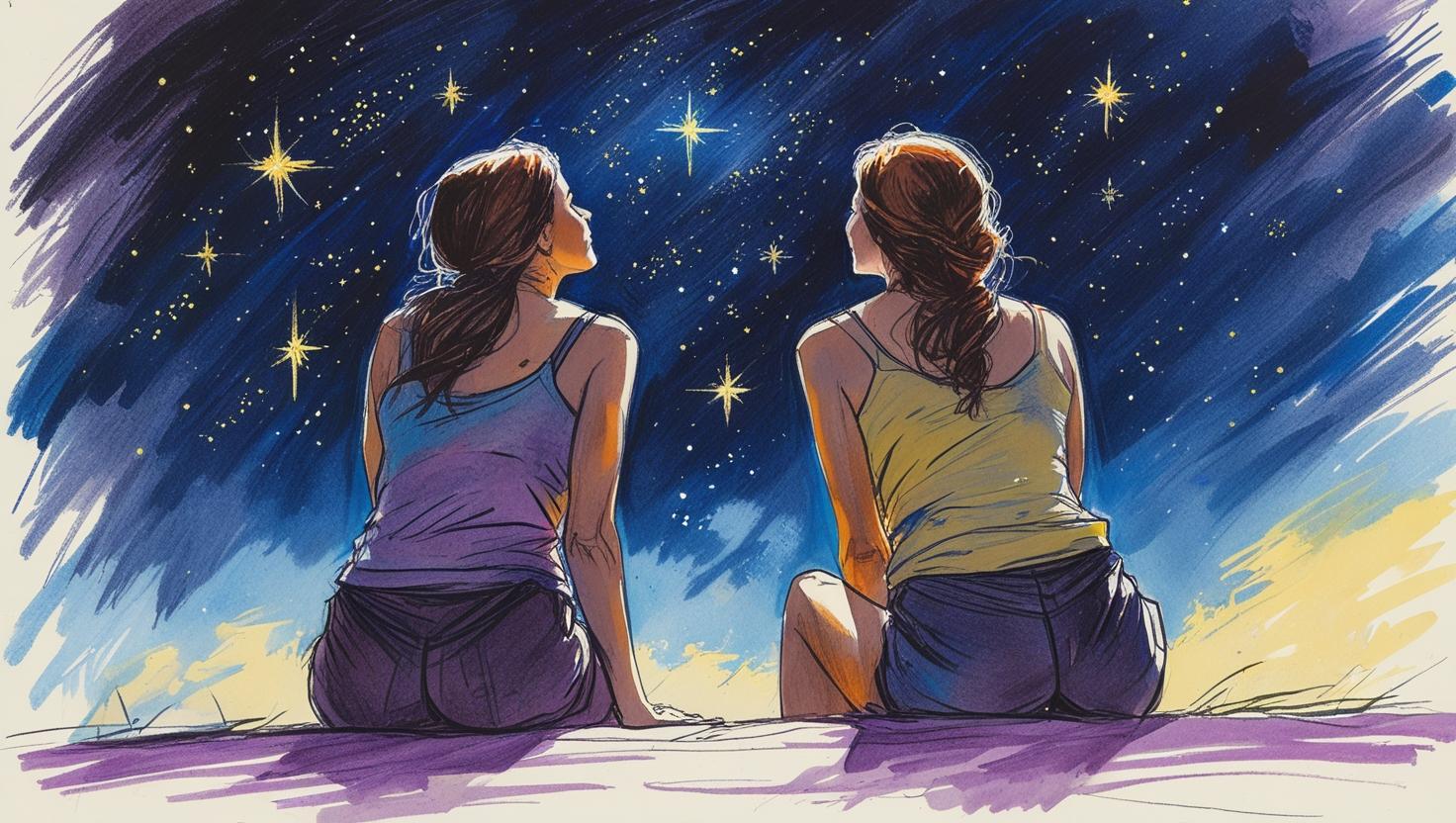 Two women sky-gazing under a starry night sky, finding calm and connection.