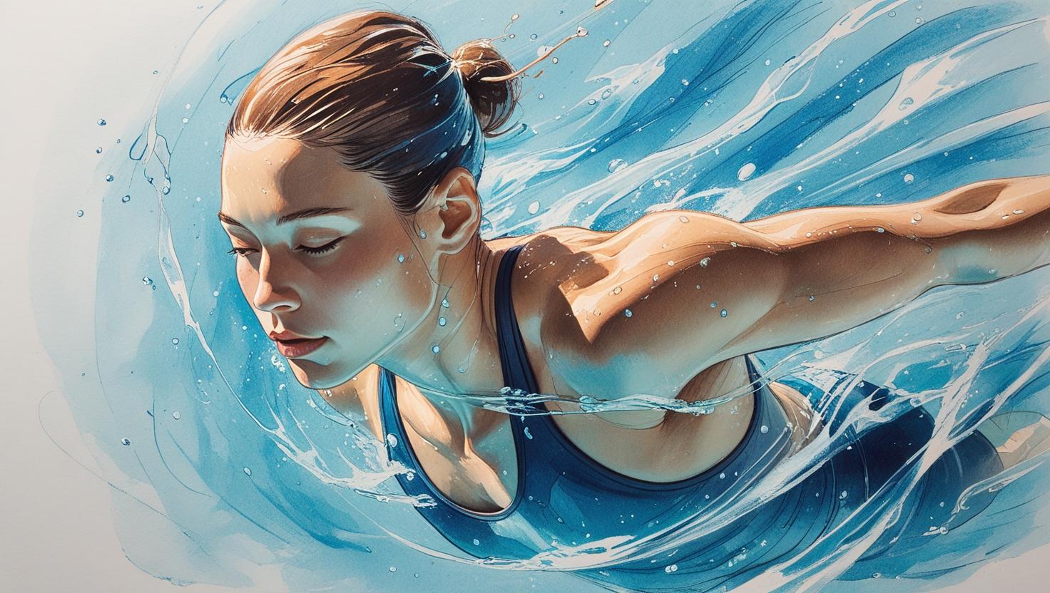Woman swimming gracefully in calm water, experiencing meditation in motion