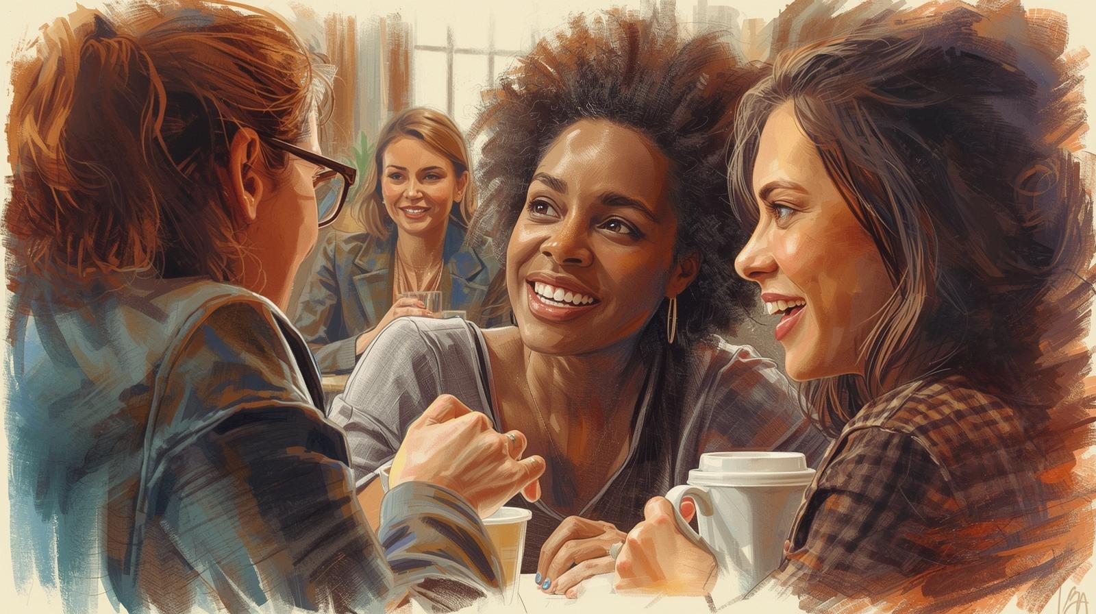 Women in a lively conversation at a café, smiling and connecting while subtly reflecting how women may hide their power in everyday dialogue.
