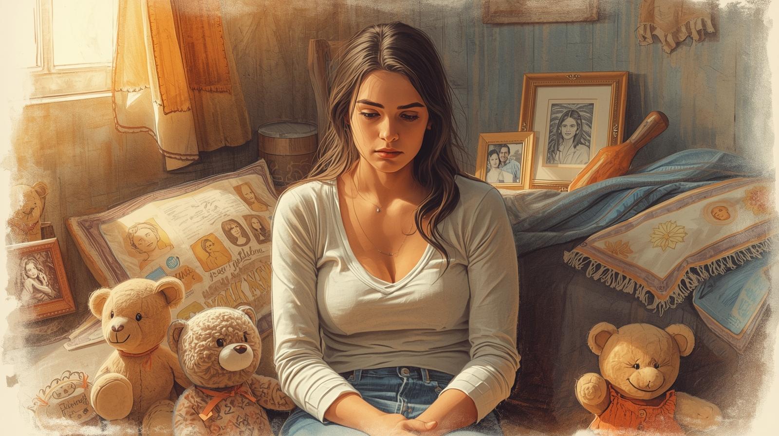 Sad young woman sitting in a childhood bedroom surrounded by teddy bears, symbolizing the burden of carrying both motherhood and daughterhood roles.