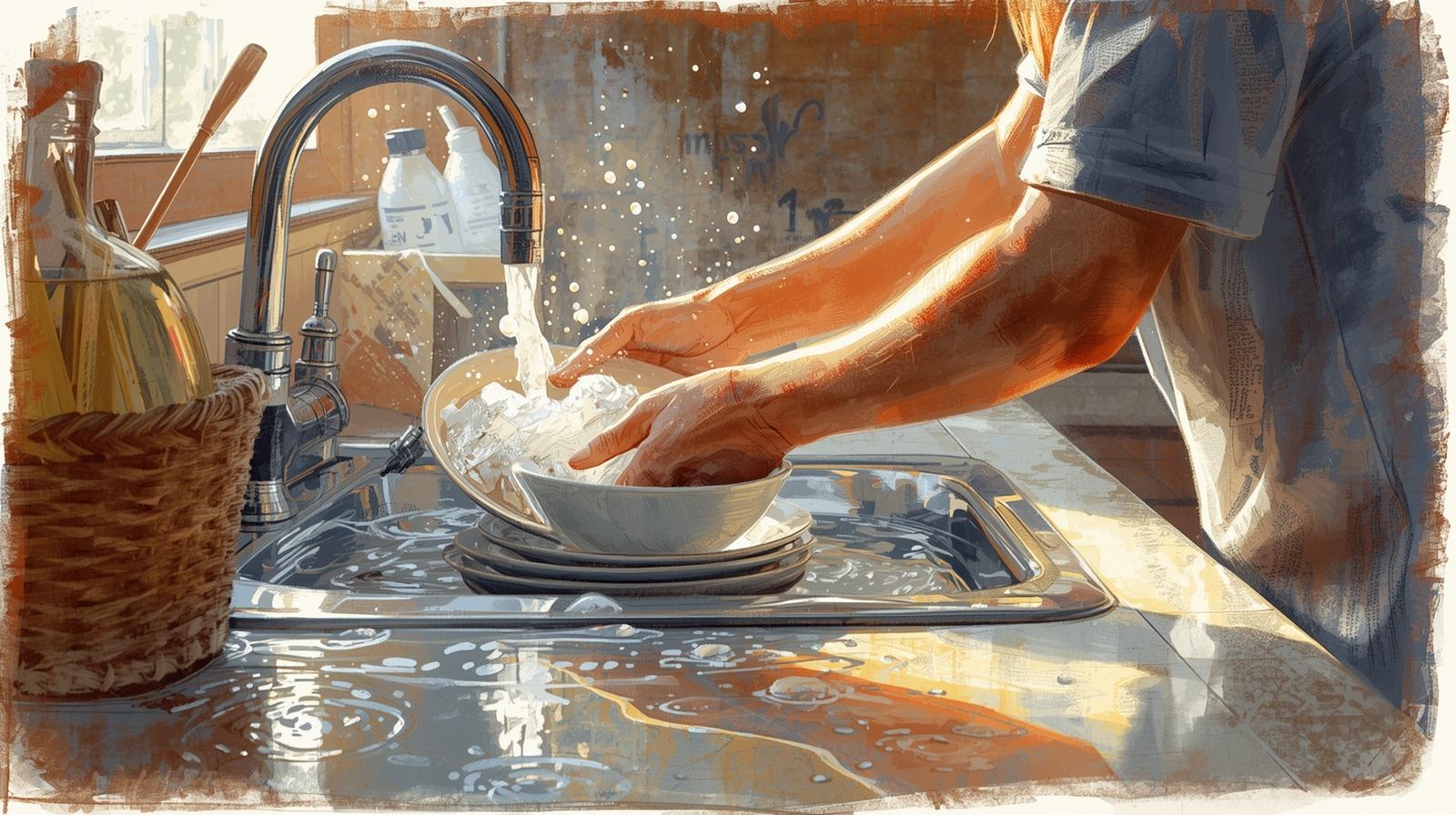 Woman practicing mindful washing dishes as a calming daily ritual in her kitchen sink