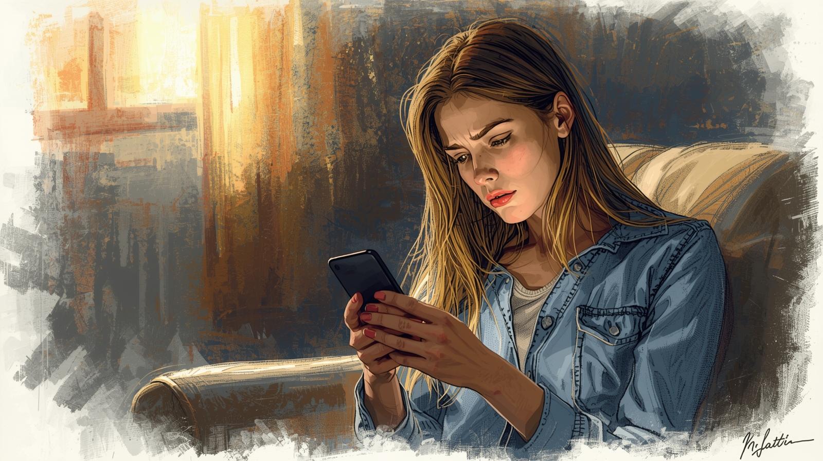 Young woman staring at her phone with visible fear, hesitating to ask for help.