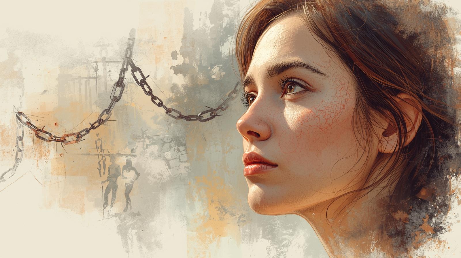 A focused woman with chains in the background, representing the feminine myth and the burden of trying to fix a partner