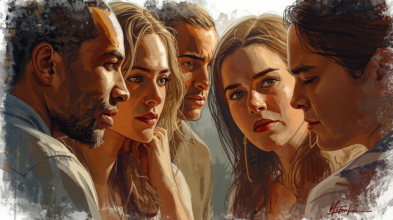 A small group of people calmly talking, practicing speaking without the joke