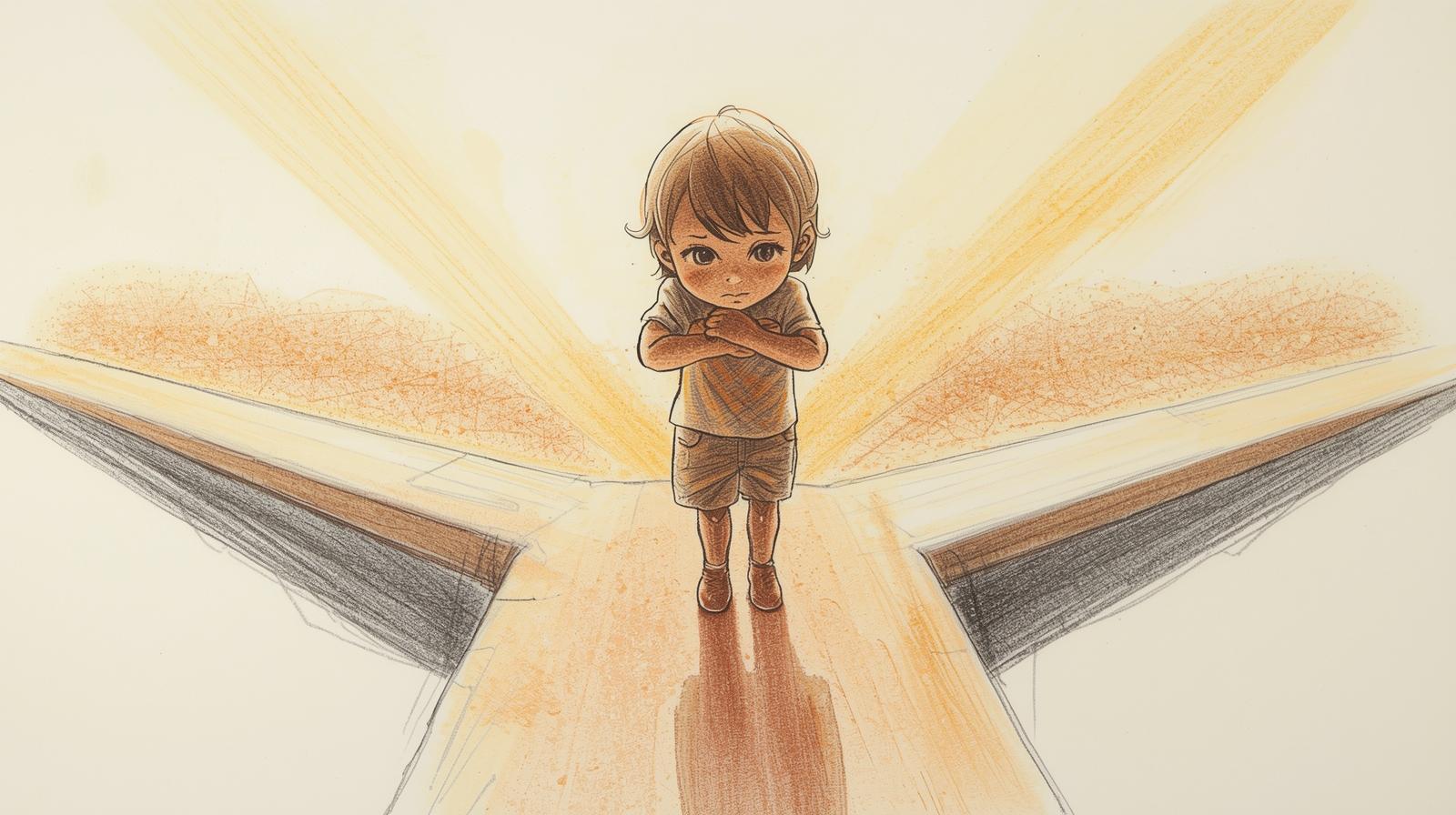 Sad child standing alone with folded arms, symbolizing the hidden cost of always being liked