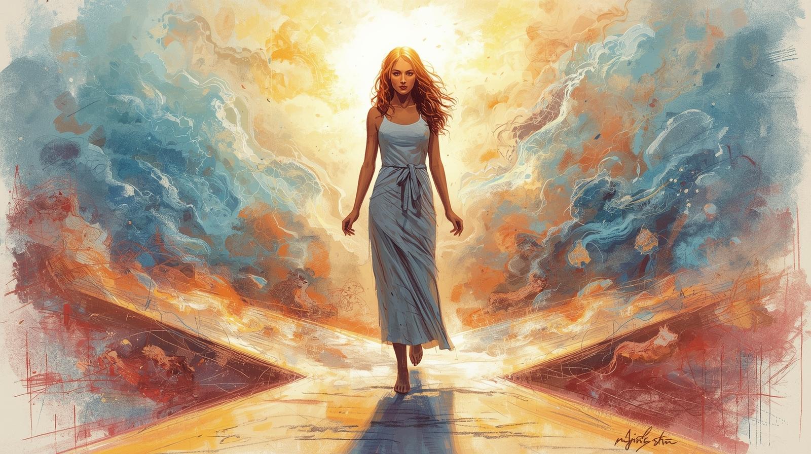 How Women confuse loyalty with self-abandonment 1 Woman walking through fire and light, symbolizing loyalty versus self-abandonment.