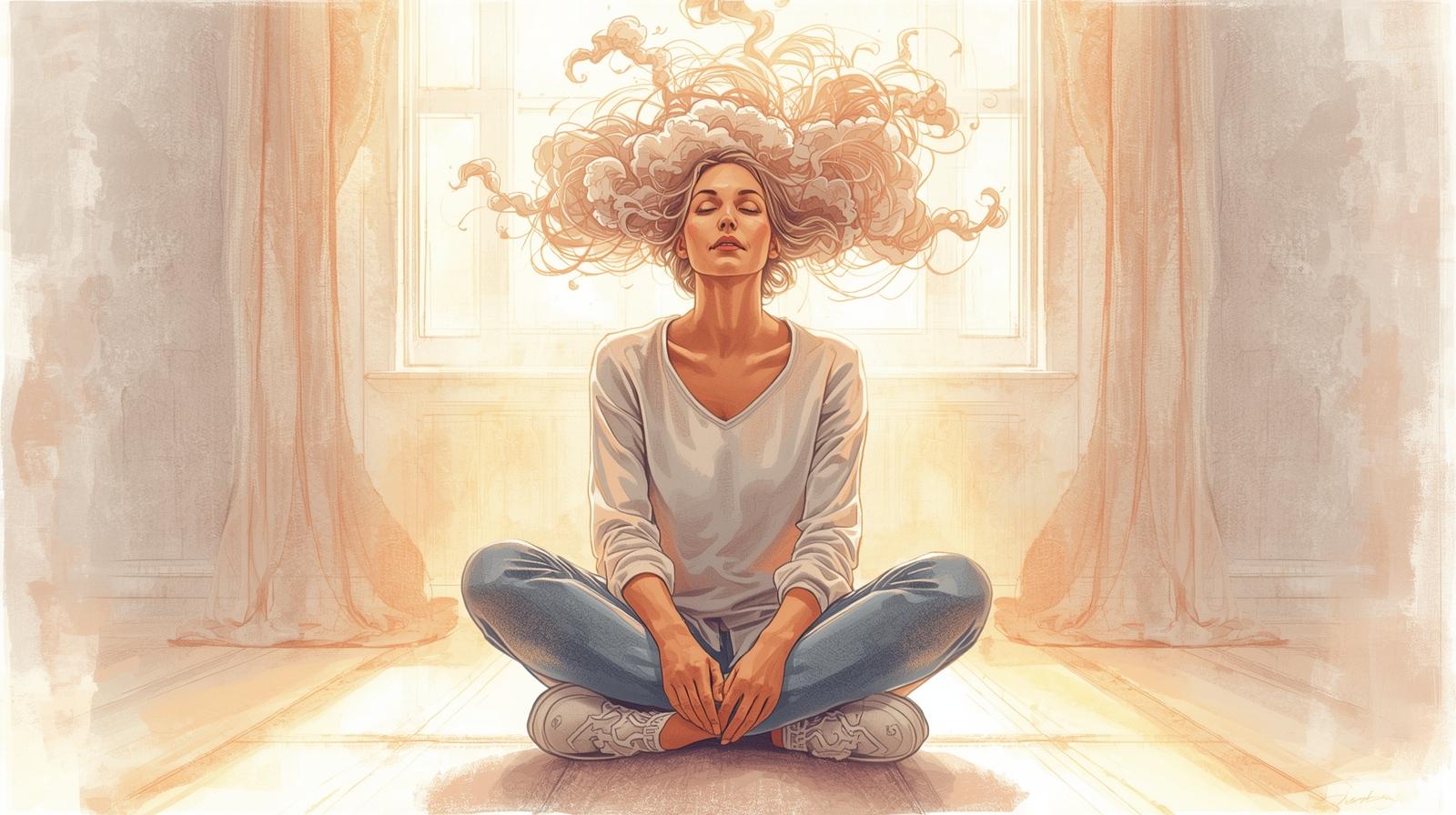 Woman practicing mindfulness tricks to calm overthinking mind, sitting cross-legged with peaceful expression.