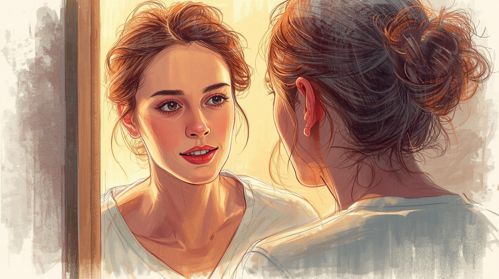 Healing from breadcrumbing: 6 unconventional exercises to rebuild self-worth and emotional strength 1 Woman looking in mirror practicing self-healing and self-worth exercise after breadcrumbing