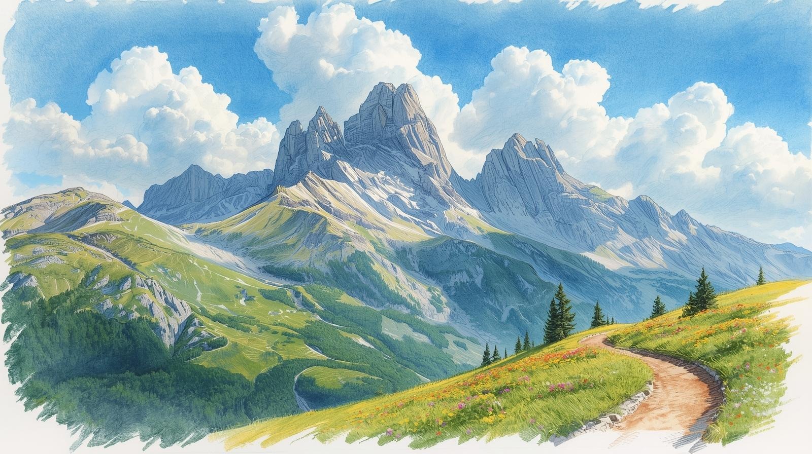 Breathtaking mountain air landscape with rocky peaks, green meadows, and a winding path under a bright blue sky.