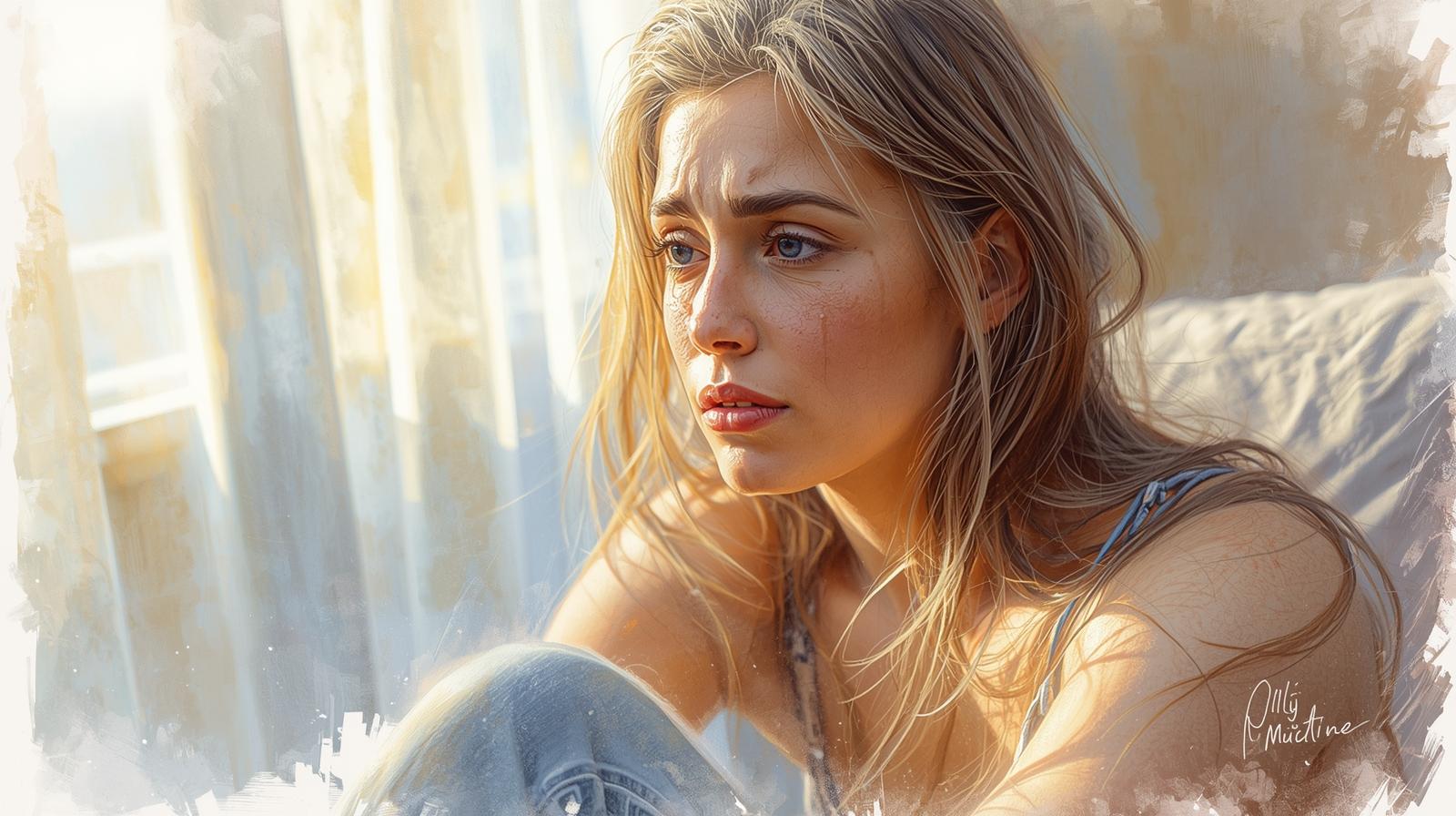 Close-up of a woman’s face showing deep sadness