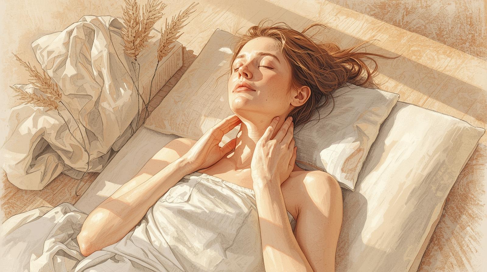 Self-massage techniques for releasing daily tension: An expert guide 1 oman practicing self-massage on her head while lying down, relieving tension and stress.