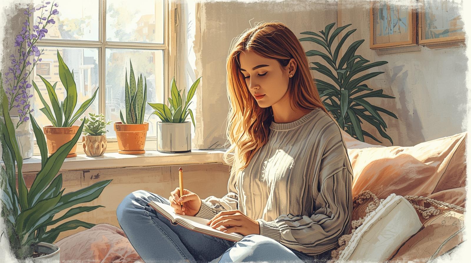 Woman practicing self-love by journaling in a cozy sunlit room surrounded by green plants.