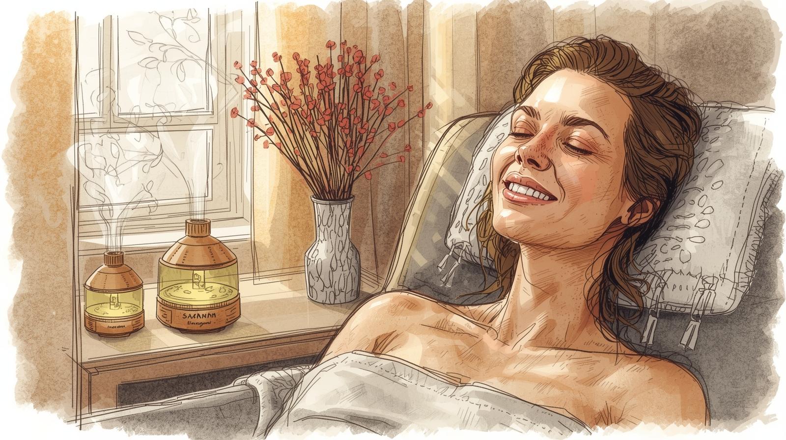 Woman relaxing during a Sunday reset spa ritual with aromatherapy diffusers and calming atmosphere.