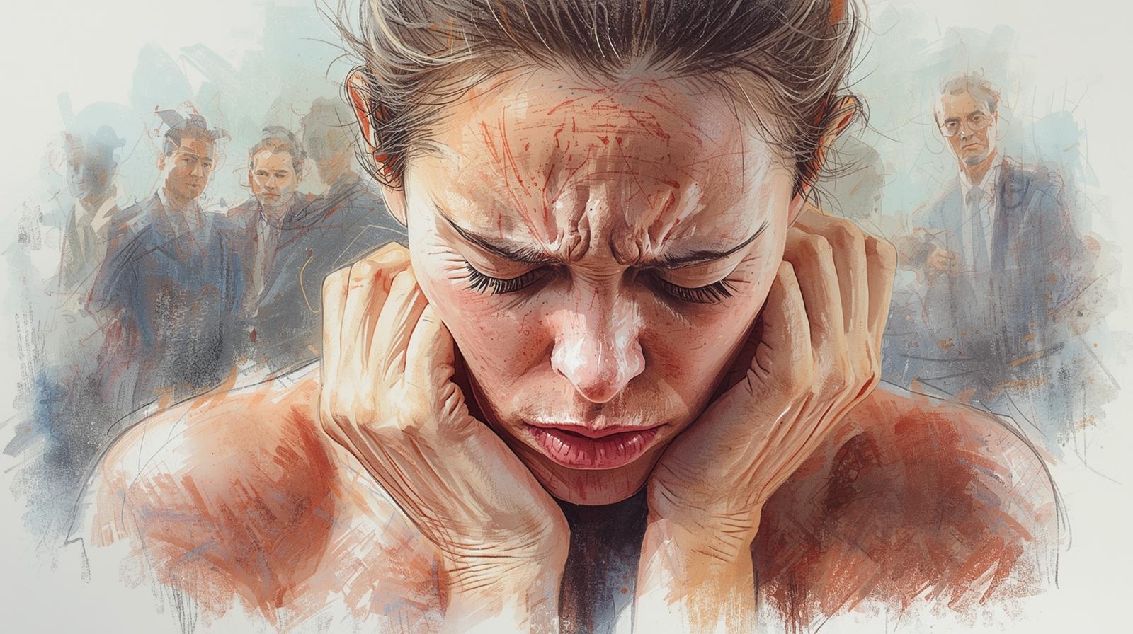 Woman sitting with her head in her hands, feeling overwhelmed by stress