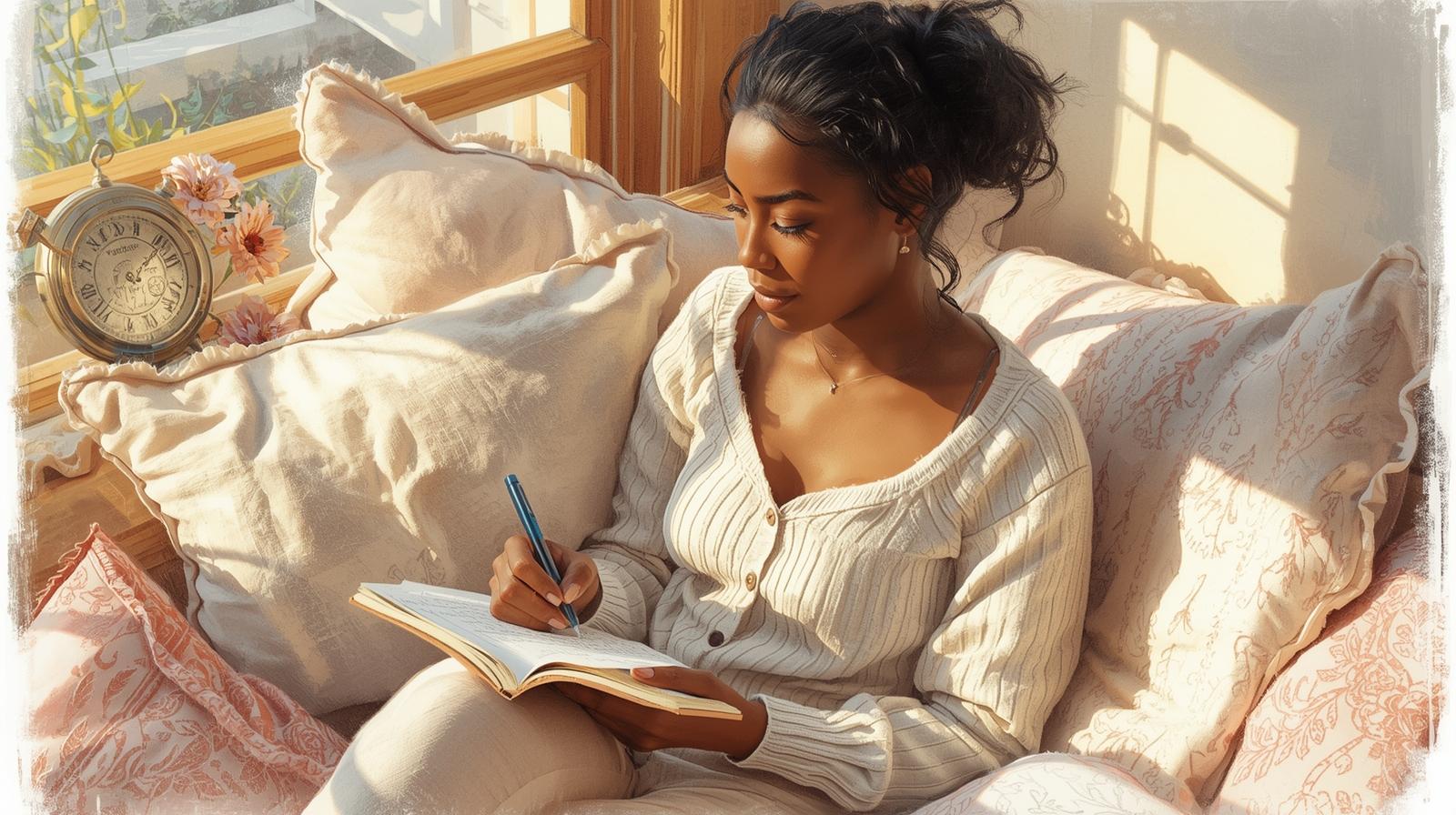 Woman journaling affirmations in a cozy sunlit room, practicing self-love and boundaries.