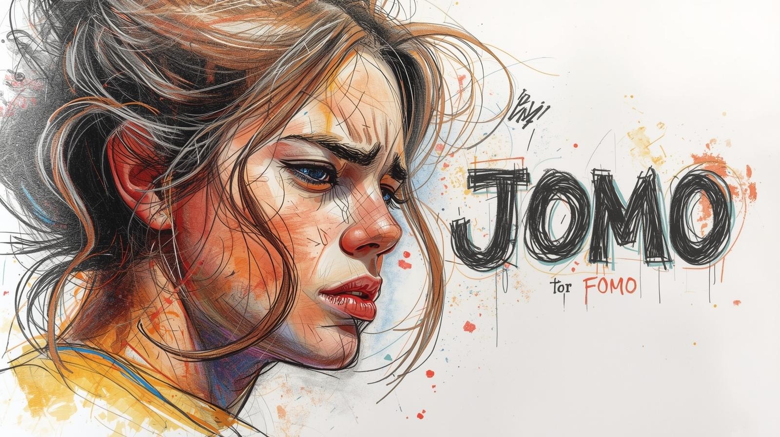 JOMO vs FOMO illustration of a pensive woman with bold hand-drawn lettering, signaling a gentle digital reset toward calm and focus.