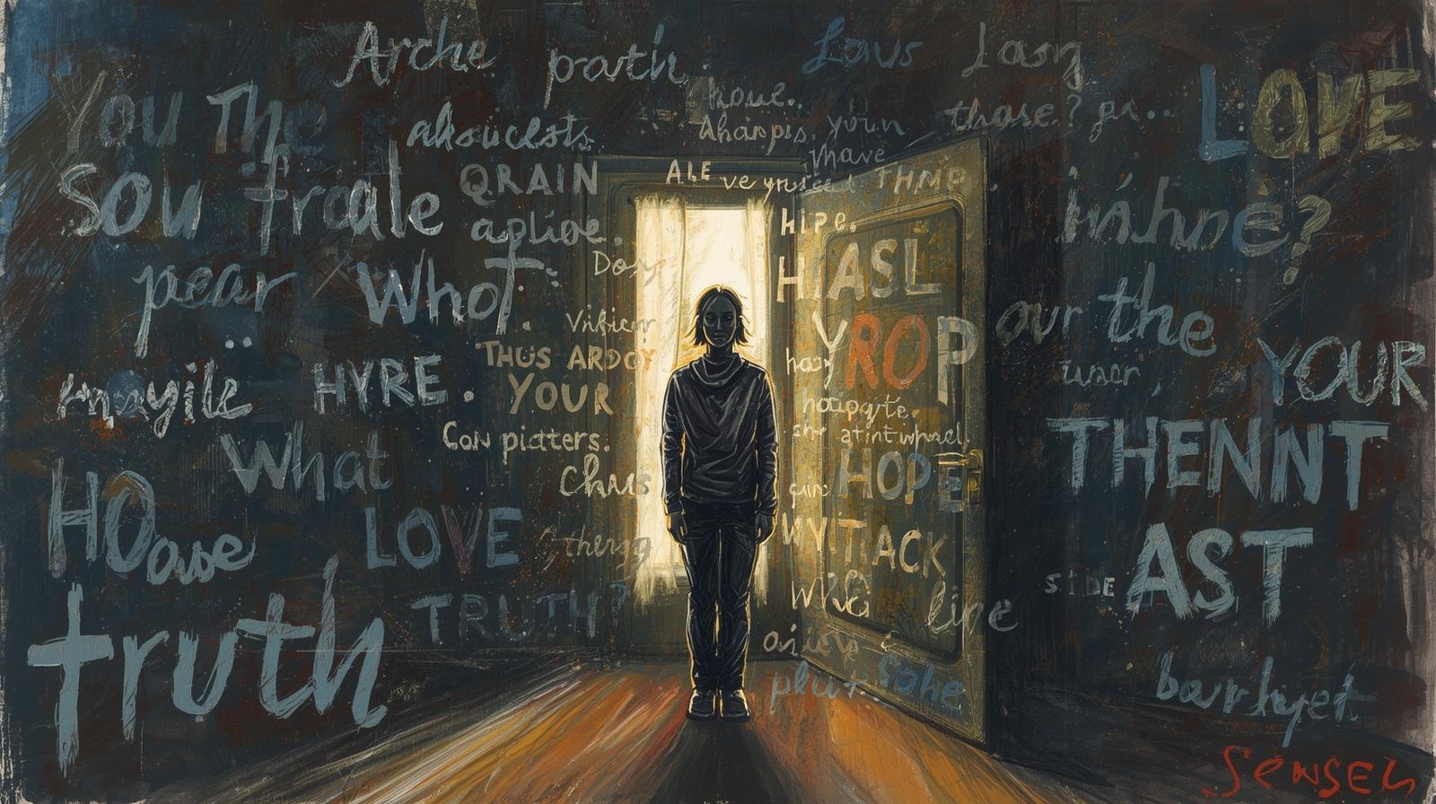 The shadow side of affirmations — When words feel fake 1 Person stands in a doorway of light while chaotic scribbled words swirl around—visualizing the moment an affirmation feels fake.
