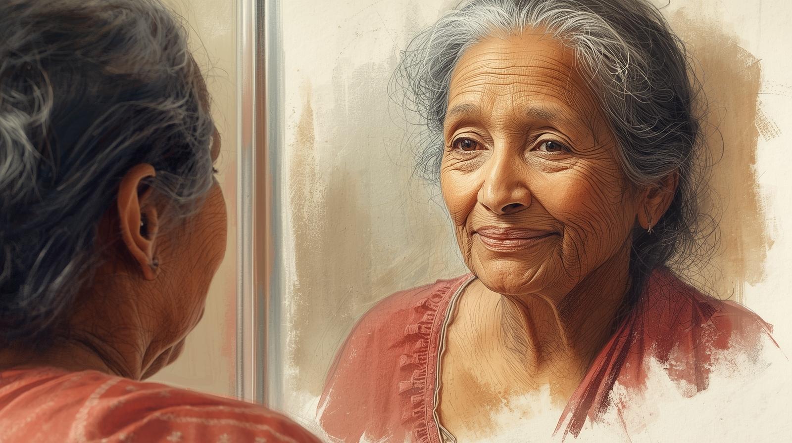 Older woman looking at her reflection in the mirror with a gentle smile, embodying the peace and truth of aging authentically.