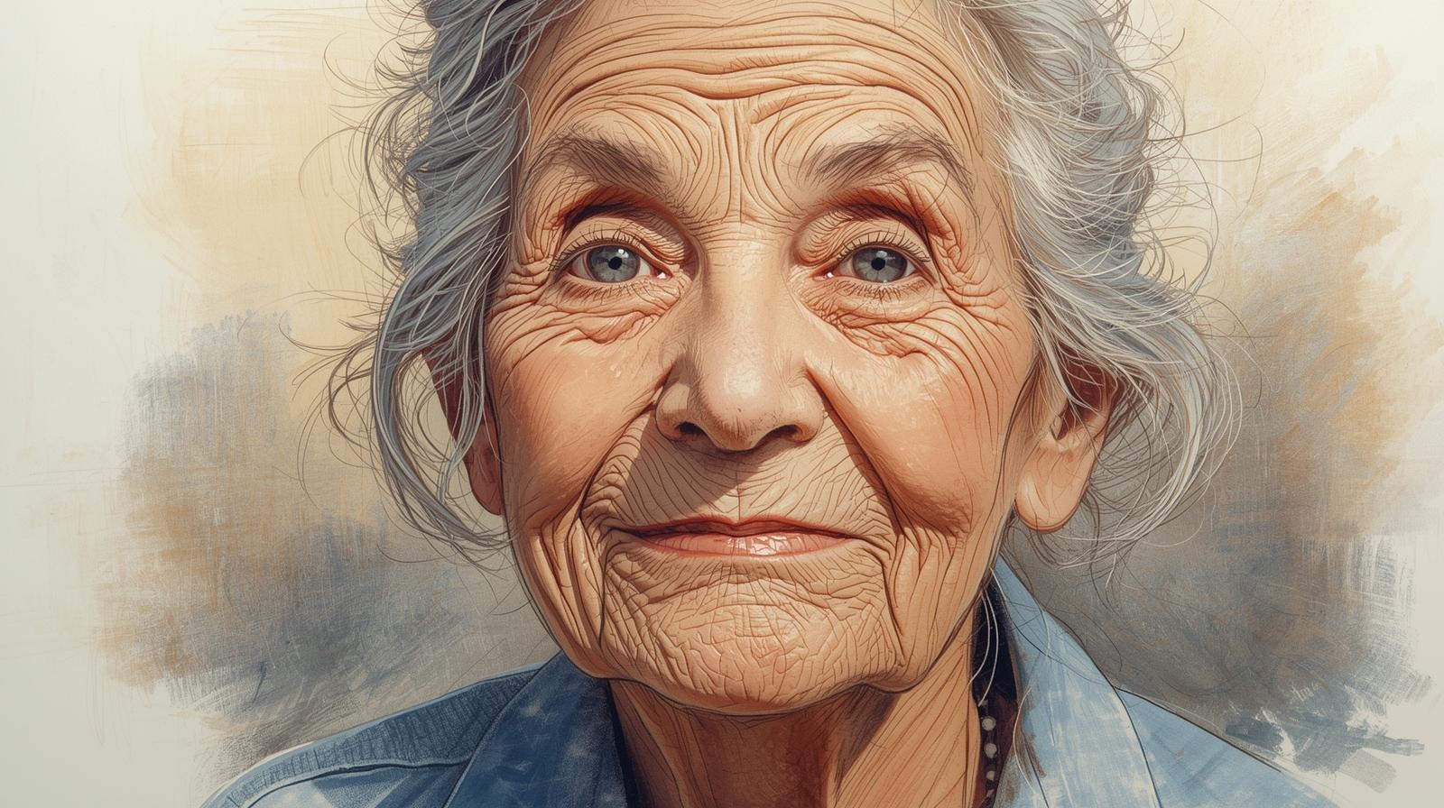 Elderly woman smiling softly, symbolizing the beauty of aging gracefully and the quiet strength behind visible age lines.