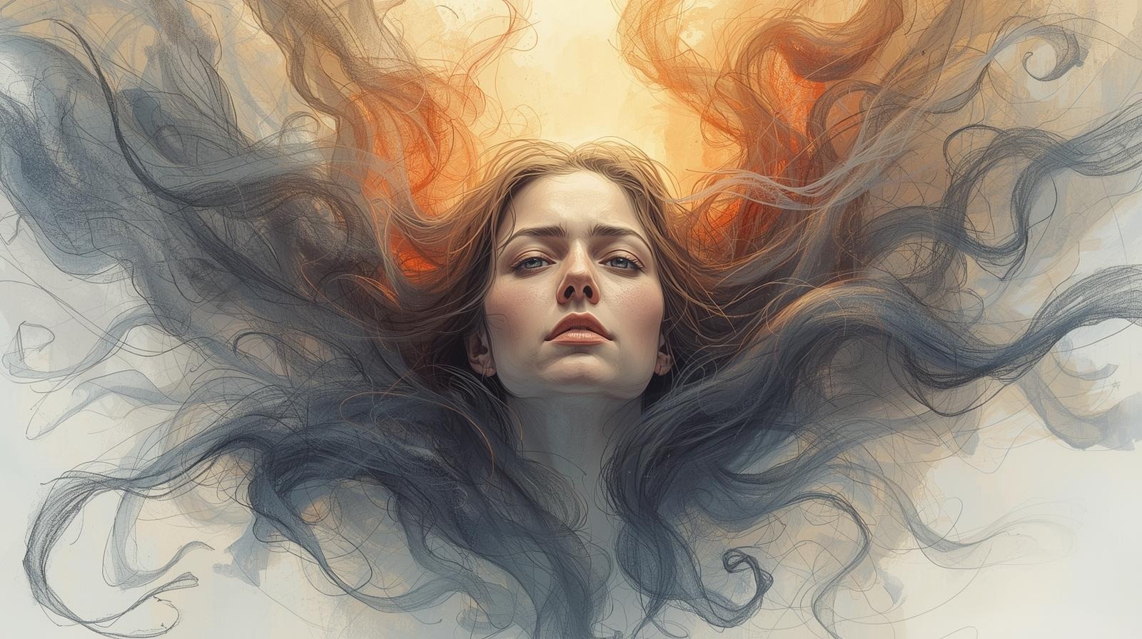 Woman carrying stress and releasing it through flowing energy, symbol of emotional healing