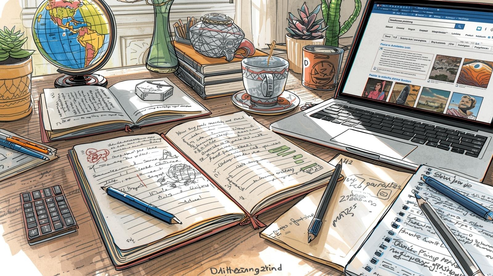 30-day curiosity sprint: Build meaning without a single passion (with FREE PDF) 1 Sunlit desk with open journals, laptop, tea, and globe—curiosity-driven workspace for shaping passion projects.