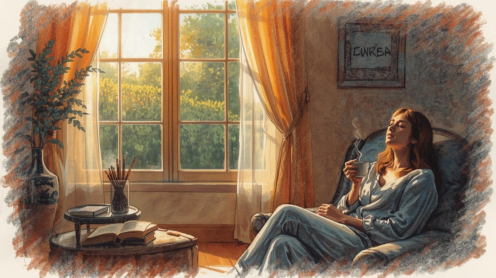 Woman enjoying coffee in a sunlit, calm living room by the window with books and a plant—an everyday life moment of ease and quiet.