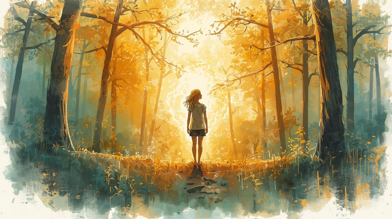 Illustration of a woman standing in a glowing forest, symbolizing how to protect your energy and find peace away from draining people.